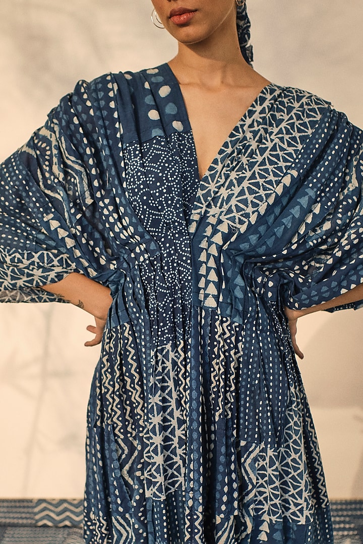 Blue Cotton Patchwork Printed Pleated Kaftan by Akashi at Pernia's Pop Up Shop