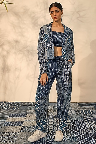 Blue Cotton Patchwork Printed Blazer Set by Akashi