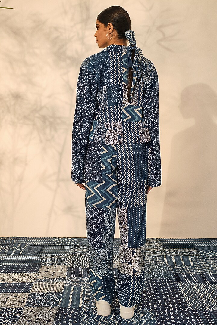 Blue Cotton Patchwork Printed Blazer Set by Akashi at Pernia's Pop Up Shop