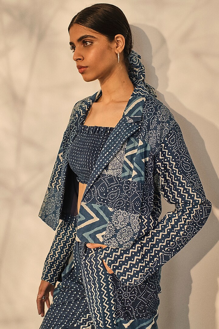 Blue Cotton Patchwork Printed Blazer Set by Akashi at Pernia's Pop Up Shop