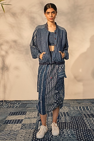 Blue Cotton Patchwork Printed Skirt Set by Akashi