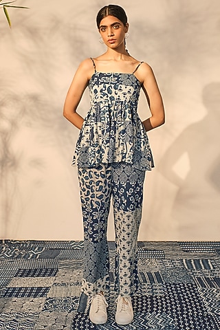 Blue Cotton Patchwork Printed Co-Ord Set by Akashi