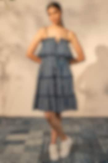 Blue Cotton Patchwork Printed Layered Dress by Akashi