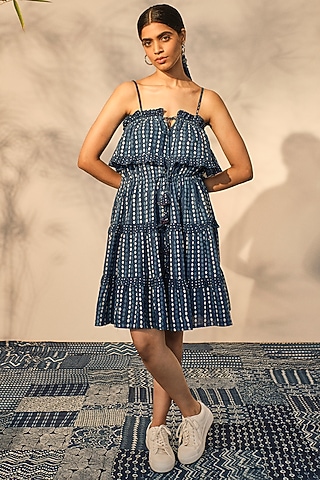 Blue Cotton Patchwork Printed Layered Dress by Akashi