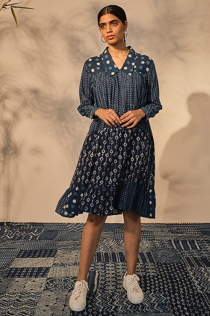 Blue Cotton Patchwork Printed Layered Dress by Akashi