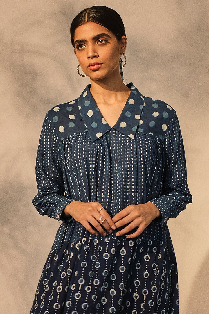 Blue Cotton Patchwork Printed Layered Summer Dress by Akashi at Pernia's Pop Up Shop