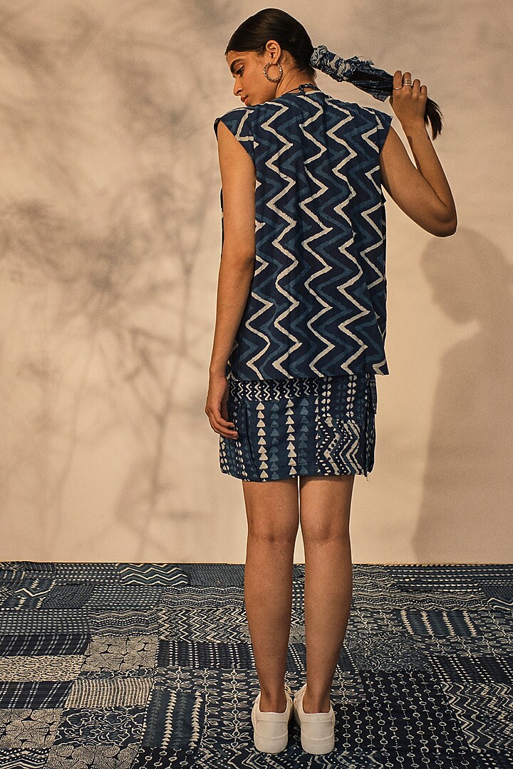 Blue Cotton Patchwork Printed Sleeveless Jacket Set by Akashi at Pernia's Pop Up Shop
