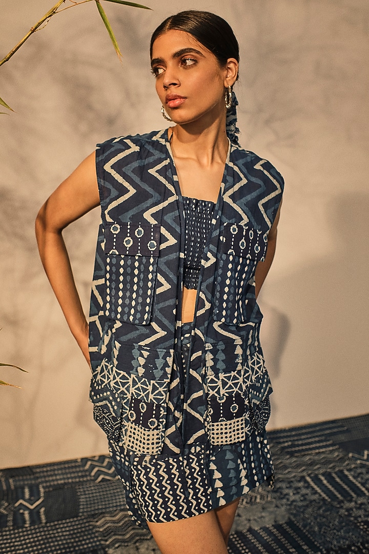 Blue Cotton Patchwork Printed Sleeveless Jacket Set by Akashi at Pernia's Pop Up Shop