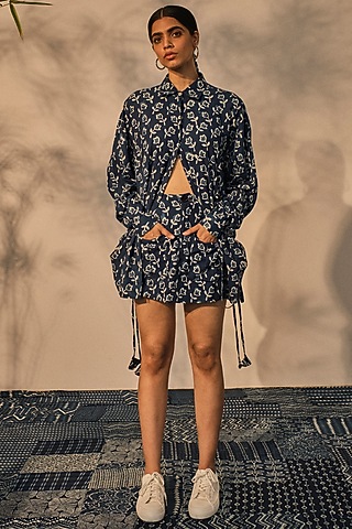 Blue Cotton Floral Printed Mini Skirt Set by Akashi