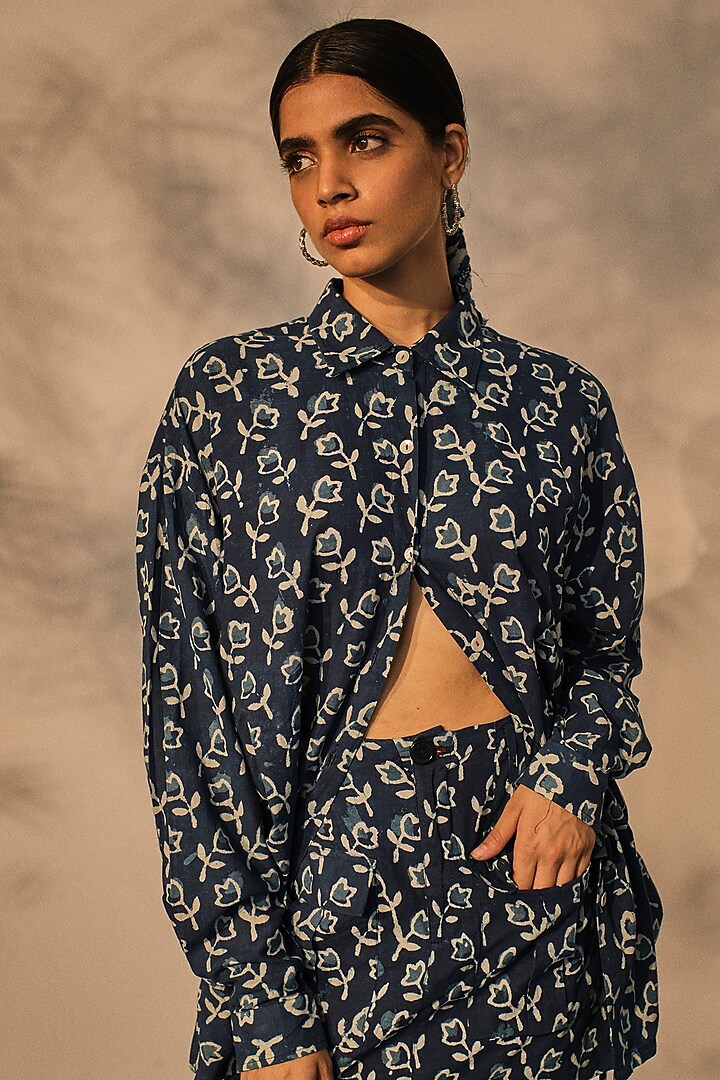 Blue Cotton Floral Printed Mini Skirt Set by Akashi at Pernia's Pop Up Shop
