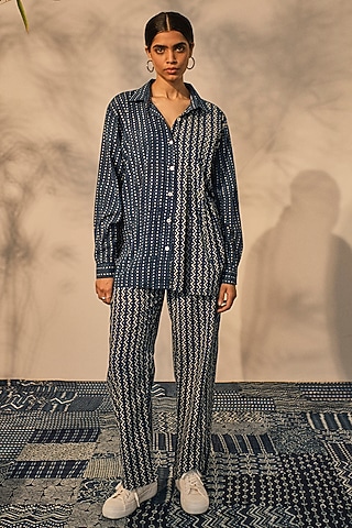 Blue Cotton Hand-Block Printed Patchwork Co-Ord Set by Akashi