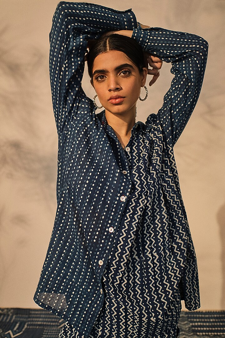 Blue Cotton Hand-Block Printed Patchwork Co-Ord Set by Akashi at Pernia's Pop Up Shop