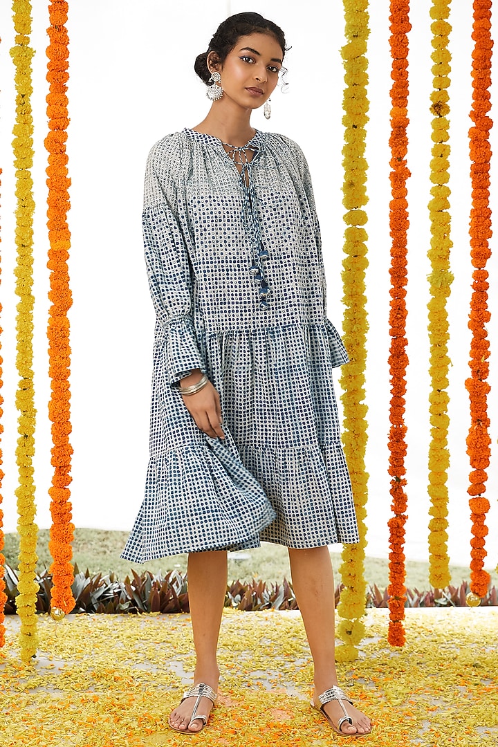 Indigo Blue Cotton Embroidered Layered Dress For Girls For Girls by Akashi- Kids at Pernia's Pop Up Shop