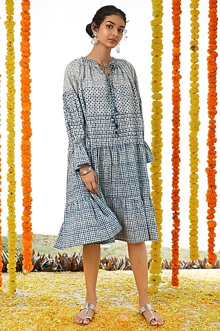 Indigo Blue Cotton Embroidered Layered Dress For Girls For Girls by Akashi- Kids
