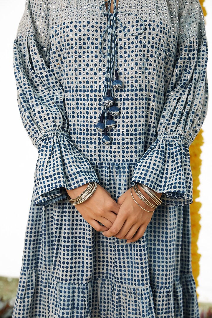 Indigo Blue Cotton Embroidered Layered Dress For Girls For Girls by Akashi- Kids at Pernia's Pop Up Shop
