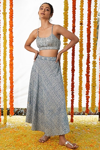 Indigo Blue Cotton Embroidered Skirt Set For Girls by Akashi- Kids