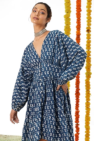 Indigo Blue Cotton Embroidered Dress For Girls For Girls by Akashi- Kids