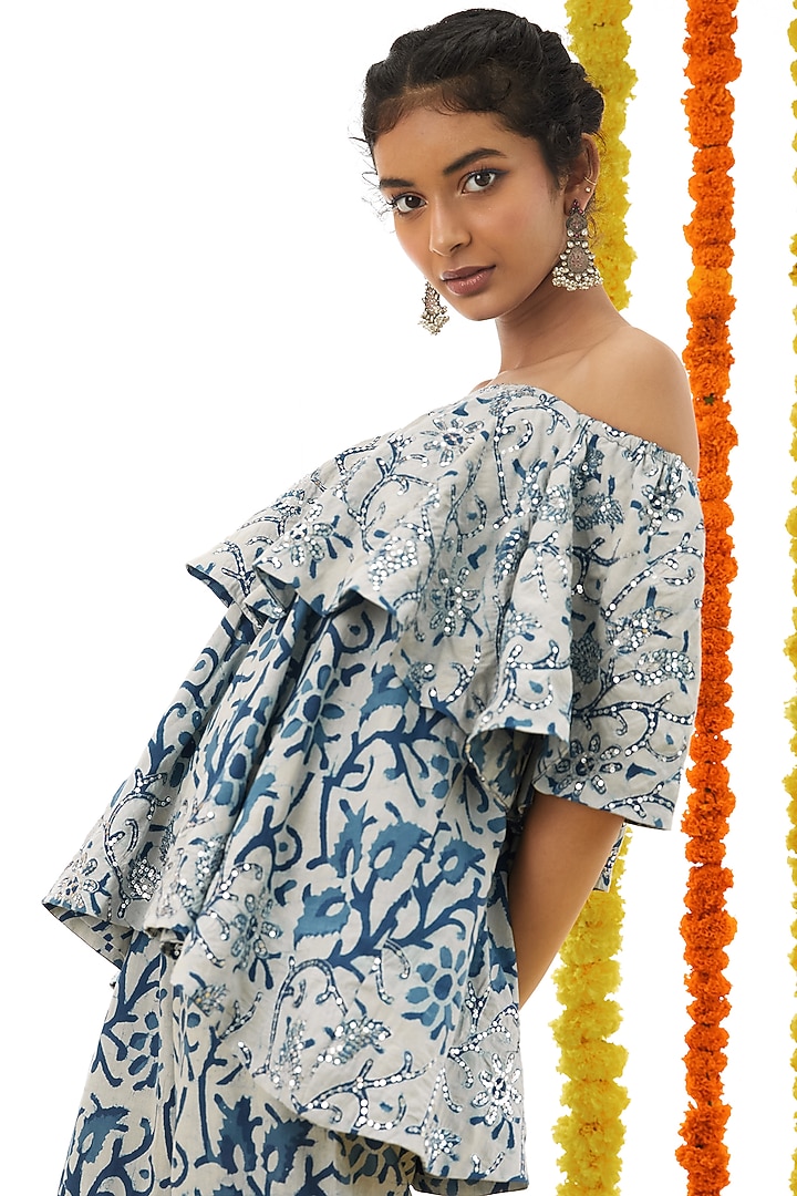 Indigo Blue Cotton Sharara Set For Girls by Akashi- Kids at Pernia's Pop Up Shop