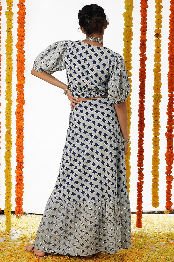 Indigo Blue Cotton Skirt Set For Girls by Akashi- Kids at Pernia's Pop Up Shop