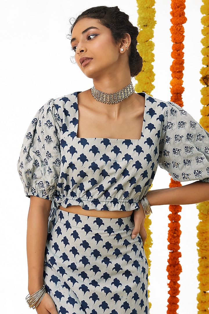 Indigo Blue Cotton Skirt Set For Girls by Akashi- Kids at Pernia's Pop Up Shop