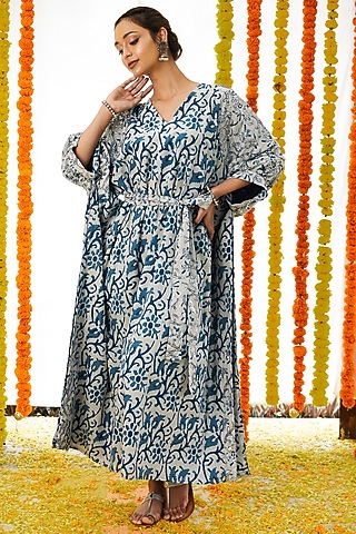 Indigo Blue Cotton Kaftan For Girls by Akashi- Kids