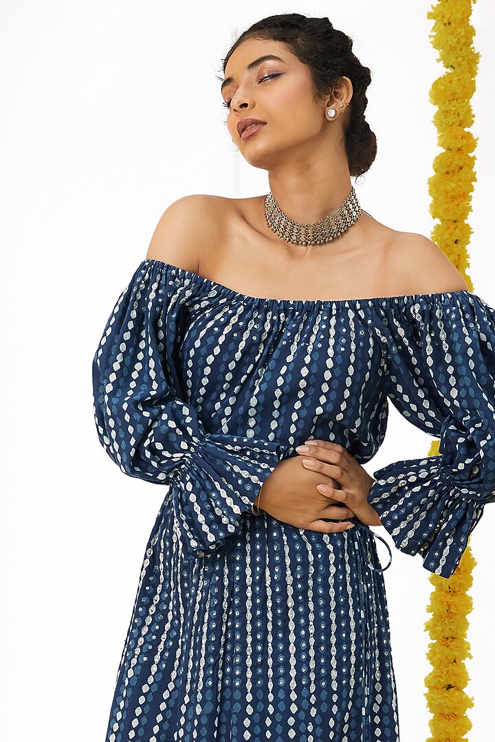 Indigo Blue Cotton Off-Shoulder Dress For Girls by Akashi- Kids at Pernia's Pop Up Shop