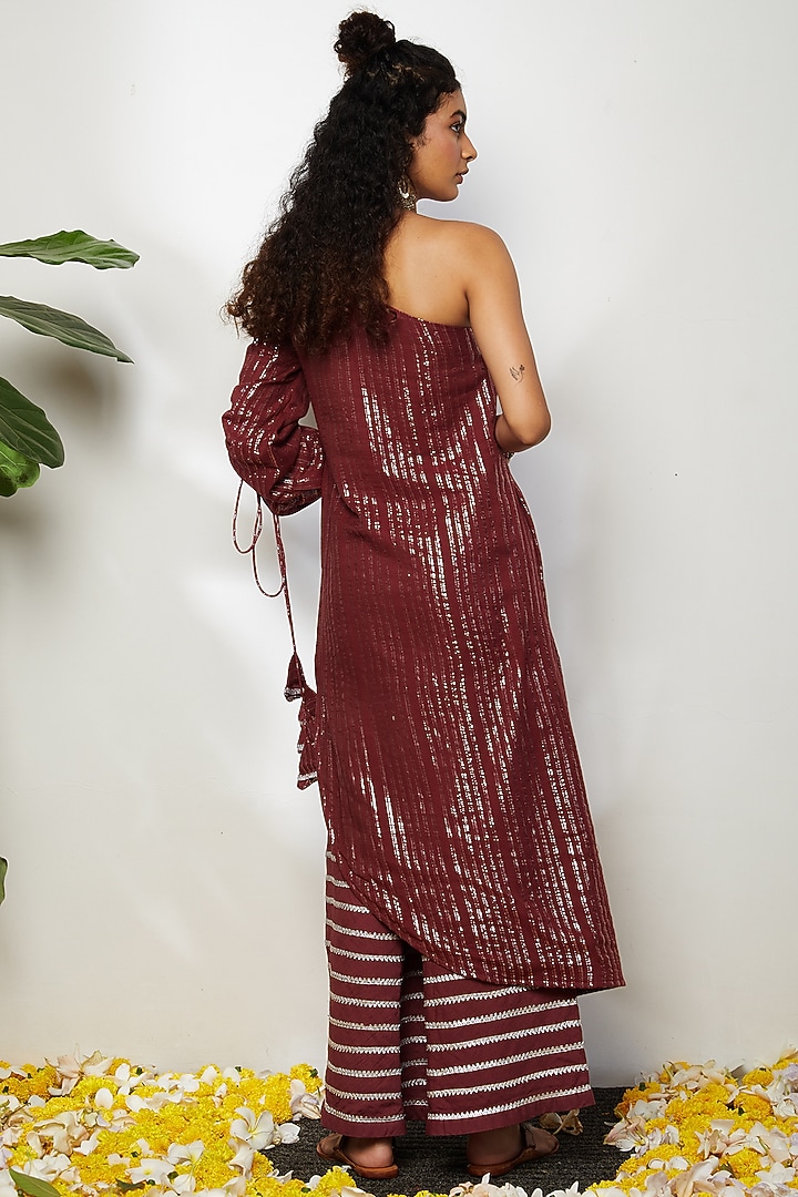 Wine Cotton One Shoulder Kurta Set For Girls by Akashi- Kids at Pernia's Pop Up Shop