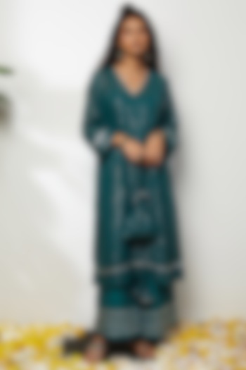 Pine Green Cotton Kurta Set For Girls by Akashi- Kids at Pernia's Pop Up Shop