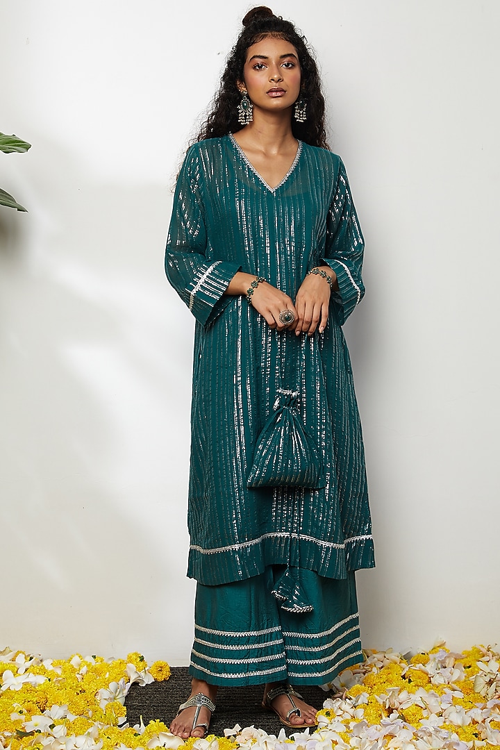 Pine Green Cotton Kurta Set For Girls by Akashi- Kids at Pernia's Pop Up Shop