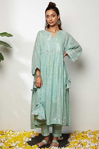 Pastel Green Cotton Kurta Set For Girls by Akashi- Kids