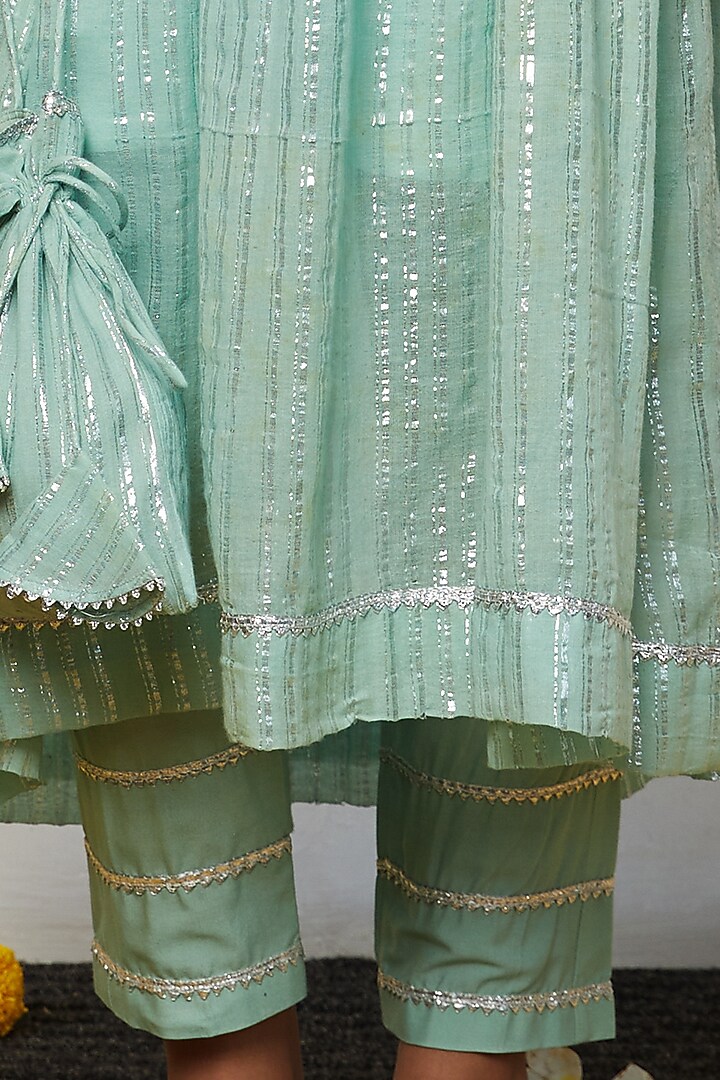 Pastel Green Cotton Kurta Set For Girls by Akashi- Kids at Pernia's Pop Up Shop