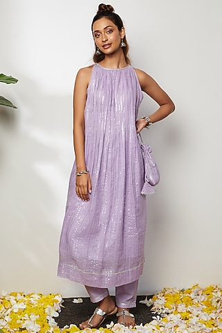 Lavender Cotton Kurta Set For Girls by Akashi- Kids