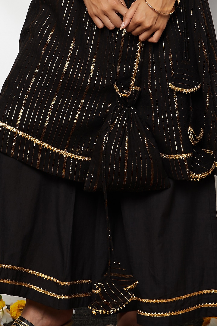 Black Cotton Overlapped Tie-Up Kurta Set For Girls by Akashi- Kids at Pernia's Pop Up Shop