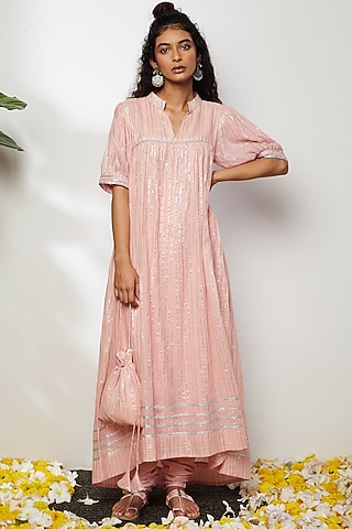 Powder Pink Cotton Kurta Set For Girls by Akashi- Kids