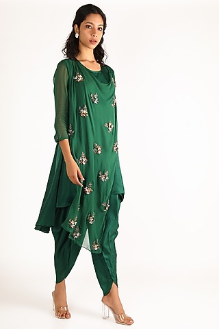 Emerald Green Embroidered Kurta With Dhoti Pants by Aneekha Designs