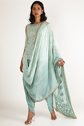 Sky Blue Embroidered Kurta With Dhoti Pants by Aneekha Designs
