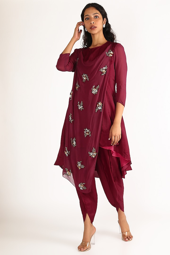 Wine Embroidered Kurta Set by Aneekha Designs