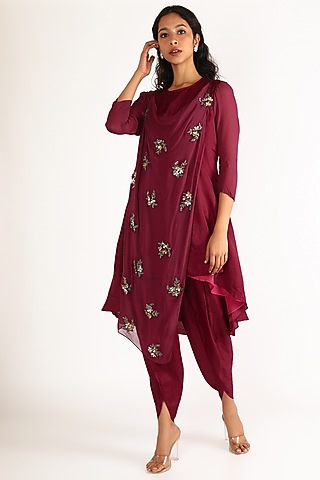 Wine Embroidered Kurta Set by Aneekha Designs