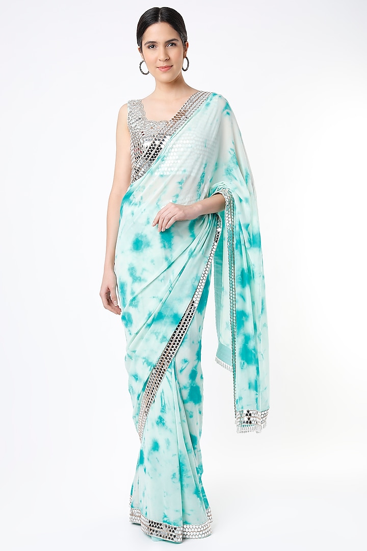 Blue Georgette Handmade Tie & Dye Printed Saree Set by Akanksha Gajria