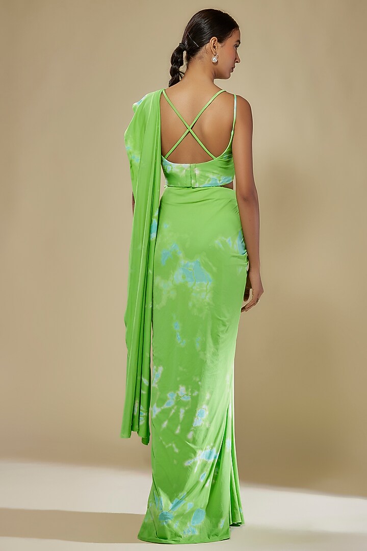Aqua & Green Lycra Stretch Tie-Dye Pre-Stitched Wedding Saree Set by Akanksha Gajria at Pernia's Pop Up Shop