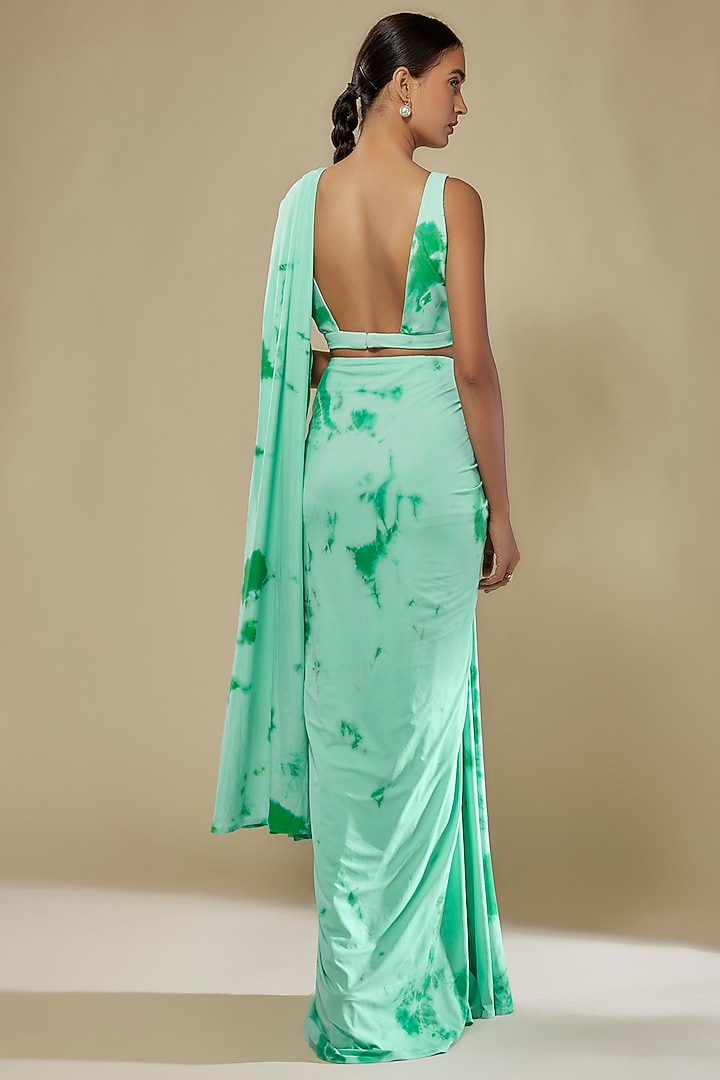 Blue & Green Lycra Stretch Tie-Dye Pre-Stitched Wedding Saree Set by Akanksha Gajria at Pernia's Pop Up Shop
