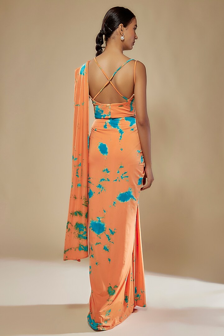 Orange & Blue Lycra Stretch Tie-Dye Pre-Stitched Wedding Saree Set by Akanksha Gajria at Pernia's Pop Up Shop