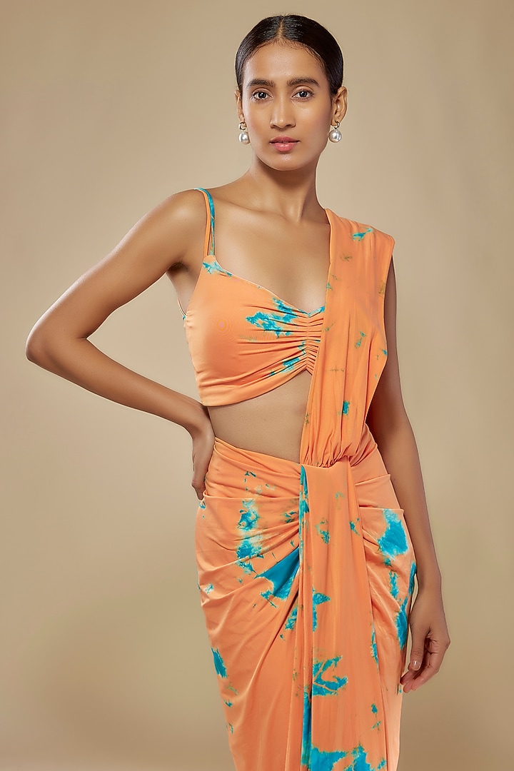 Orange & Blue Lycra Stretch Tie-Dye Pre-Stitched Wedding Saree Set by Akanksha Gajria at Pernia's Pop Up Shop