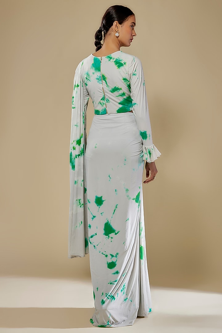 Ivory & Blue Lycra Stretch Tie-Dye Pre-Stitched Wedding Saree Set by Akanksha Gajria at Pernia's Pop Up Shop