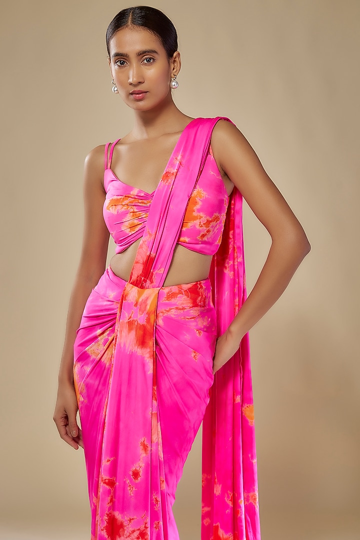 Pink & Orange Lycra Stretch Tie-Dye Pre-Stitched Wedding Saree Set by Akanksha Gajria at Pernia's Pop Up Shop