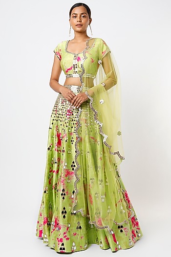 Green Printed & Embroidered Bridal Lehenga Set by Akanksha Gajria at Pernia's Pop Up Shop