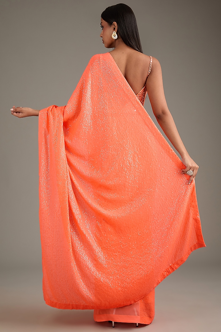 Orange Georgette Sequins Sheeted Reception Saree Set by Akanksha Gajria at Pernia's Pop Up Shop