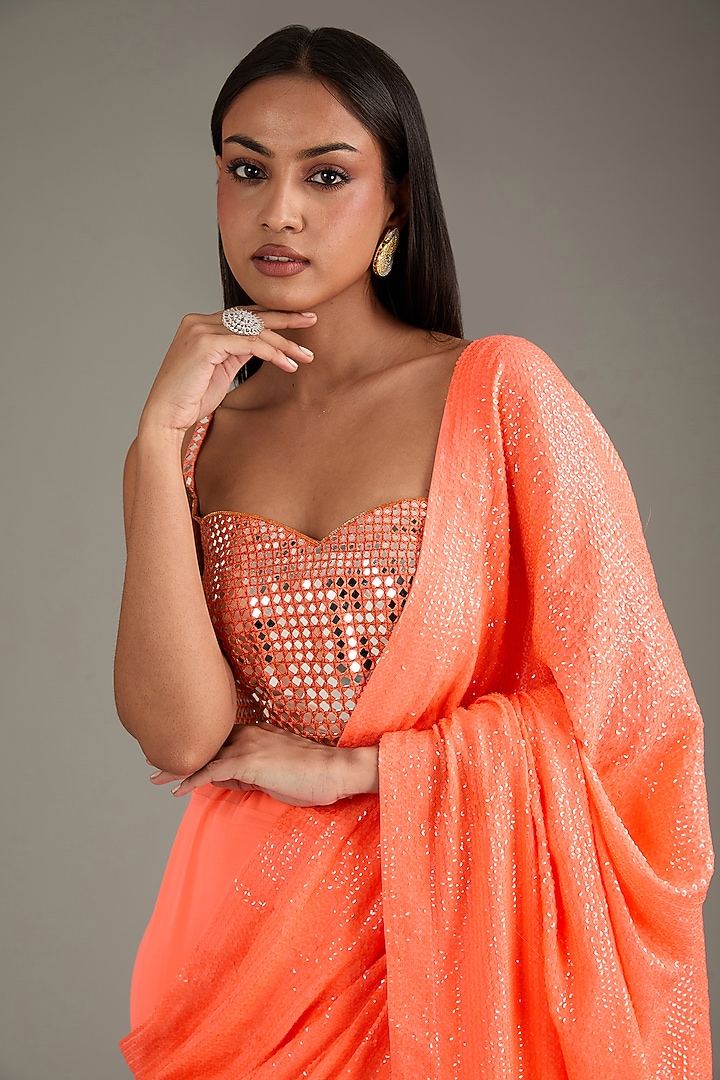 Orange Georgette Sequins Sheeted Reception Saree Set by Akanksha Gajria at Pernia's Pop Up Shop