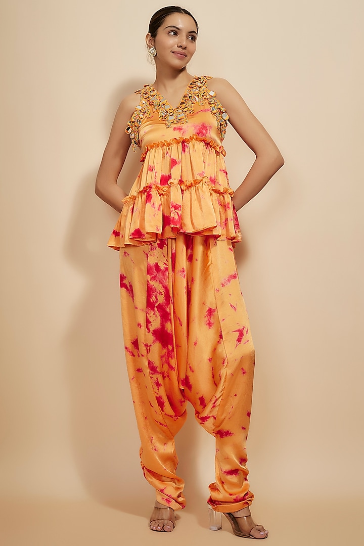 Orange & Pink Pure Satin Silk Tie-Dye Co-Ord Set by Akanksha Gajria at Pernia's Pop Up Shop