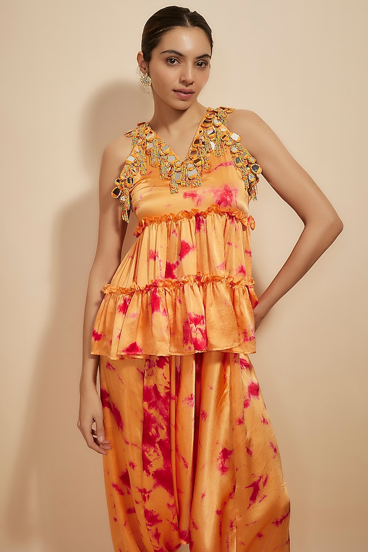 Orange & Pink Pure Satin Silk Tie-Dye Co-Ord Set by Akanksha Gajria at Pernia's Pop Up Shop